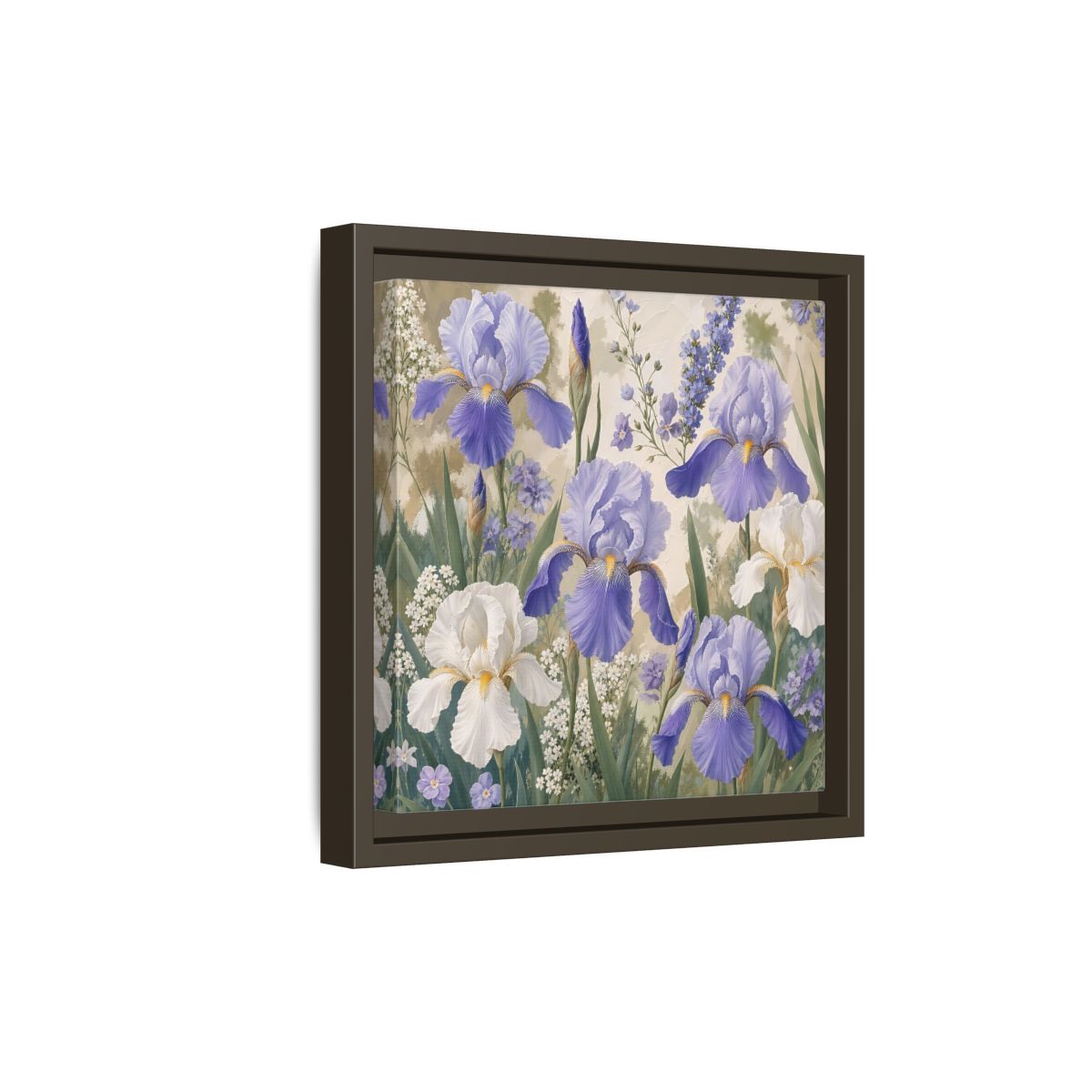 Side Mockup 20. Floral Iris Flowers Purple And White Iris shown as stretched canvas wall art