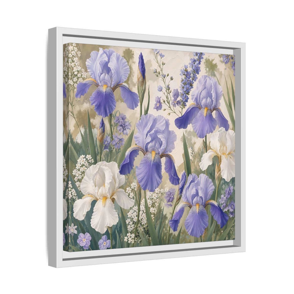 Side Mockup 28. Floral Iris Flowers Purple And White Iris shown as stretched canvas wall art