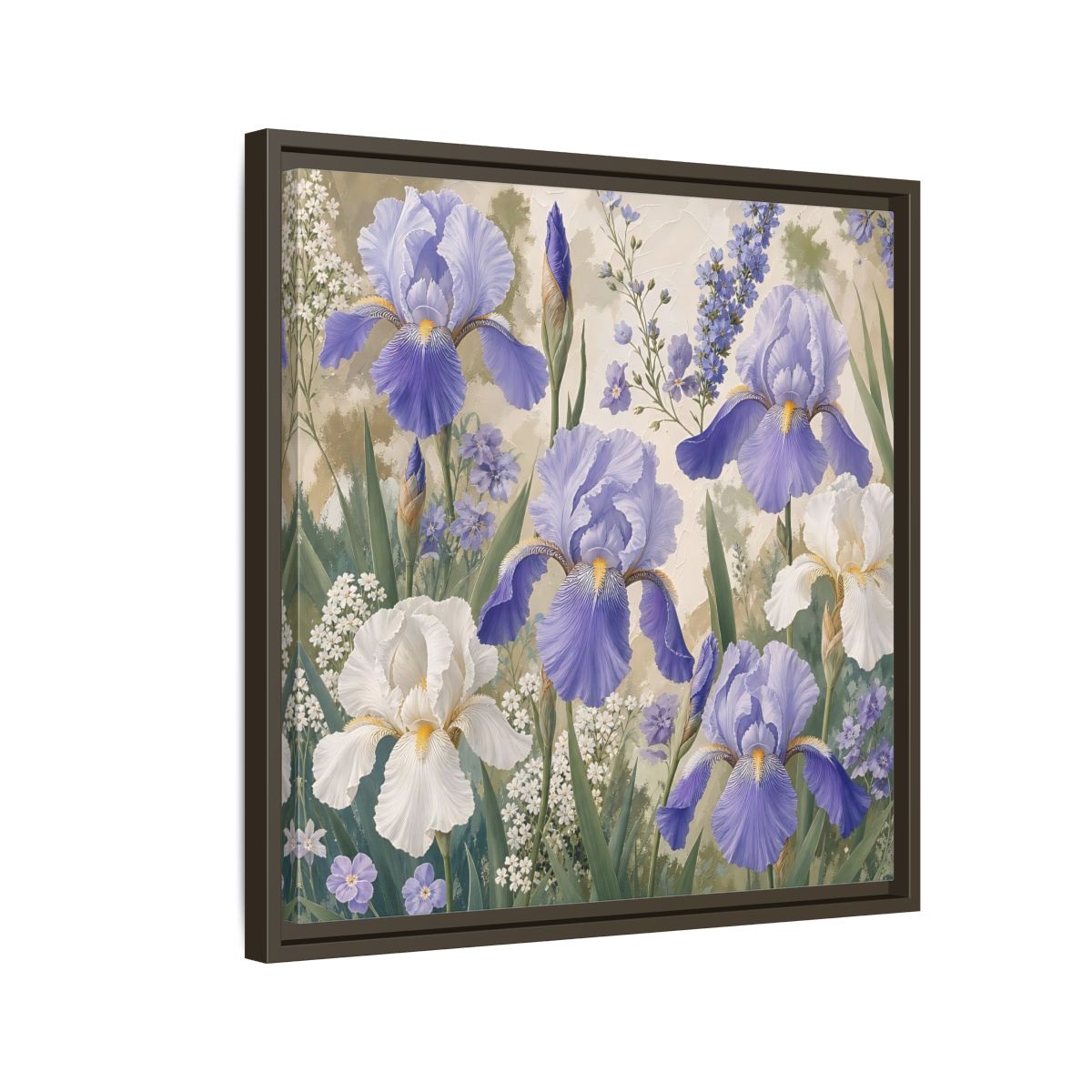 Side Mockup 11. Floral Iris Flowers Purple And White Iris shown as stretched canvas wall art