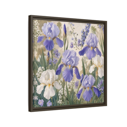Side Mockup 11. Floral Iris Flowers Purple And White Iris shown as stretched canvas wall art
