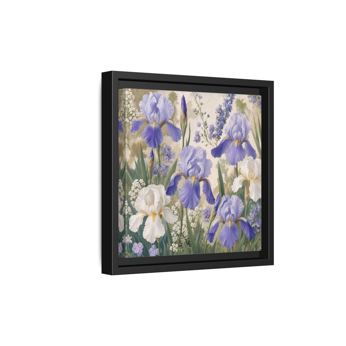 Side Mockup 21. Floral Iris Flowers Purple And White Iris shown as stretched canvas wall art