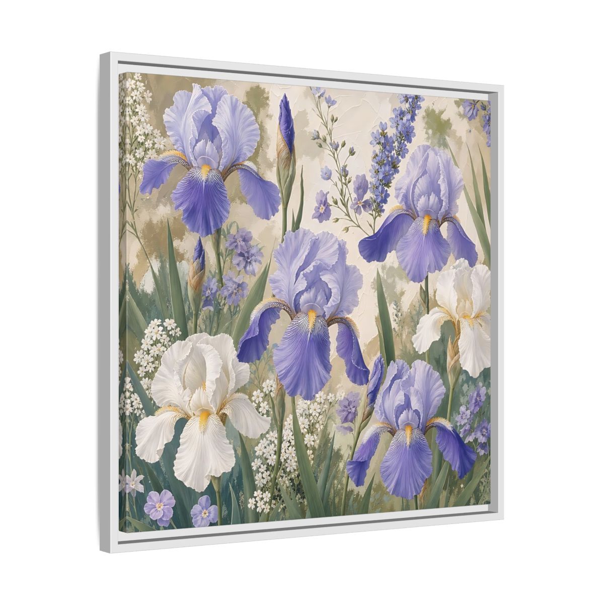 Side Mockup 26. Floral Iris Flowers Purple And White Iris shown as stretched canvas wall art