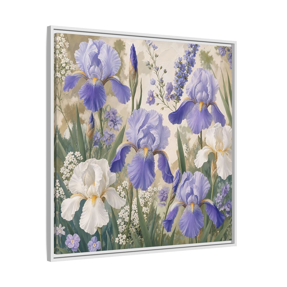 Side Mockup 25. Floral Iris Flowers Purple And White Iris shown as stretched canvas wall art