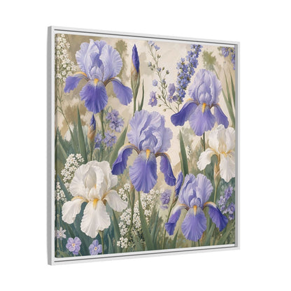 Side Mockup 25. Floral Iris Flowers Purple And White Iris shown as stretched canvas wall art