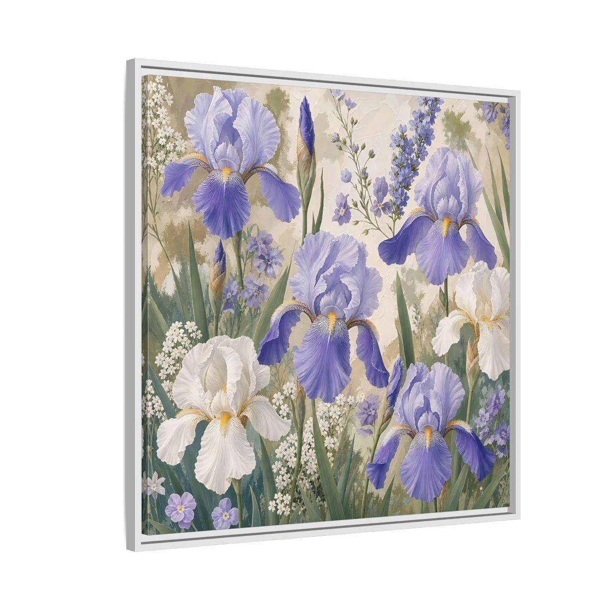 Side Mockup 7. Floral Iris Flowers Purple And White Iris shown as stretched canvas wall art