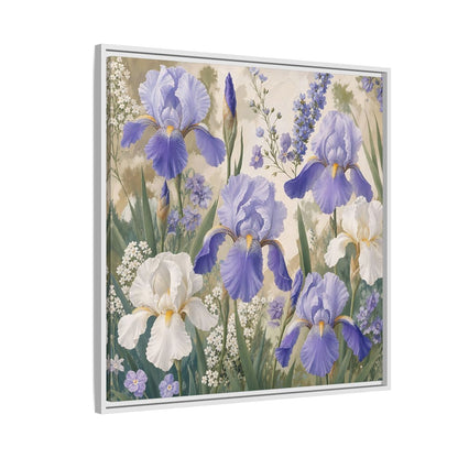 Side Mockup 7. Floral Iris Flowers Purple And White Iris shown as stretched canvas wall art