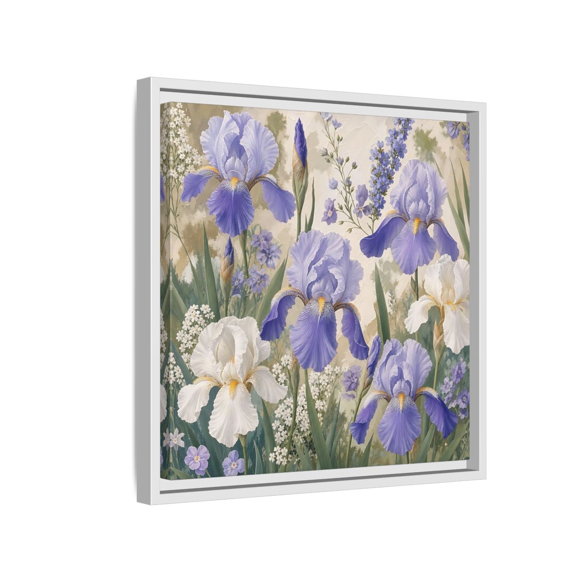 Side Mockup 13. Floral Iris Flowers Purple And White Iris shown as stretched canvas wall art