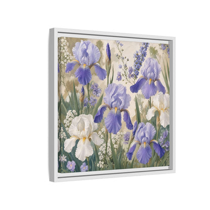 Side Mockup 13. Floral Iris Flowers Purple And White Iris shown as stretched canvas wall art