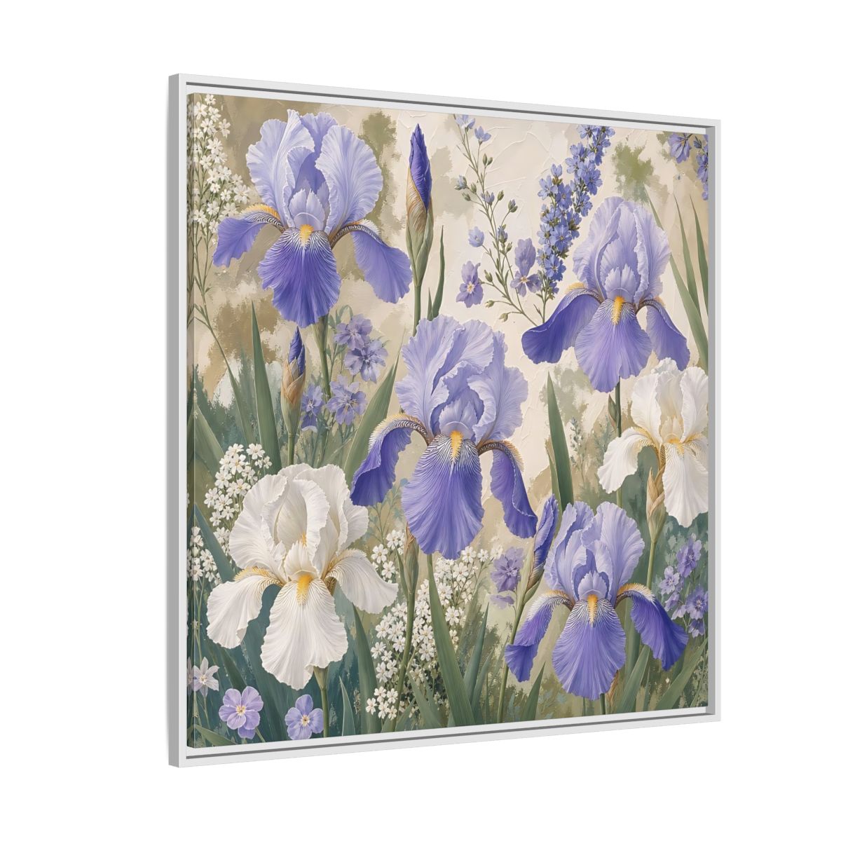 Side Mockup 4. Floral Iris Flowers Purple And White Iris shown as stretched canvas wall art