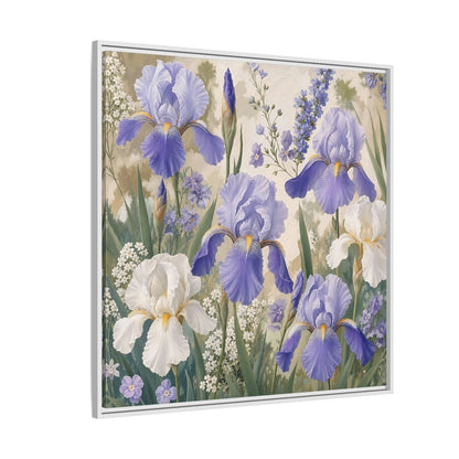 Side Mockup 4. Floral Iris Flowers Purple And White Iris shown as stretched canvas wall art