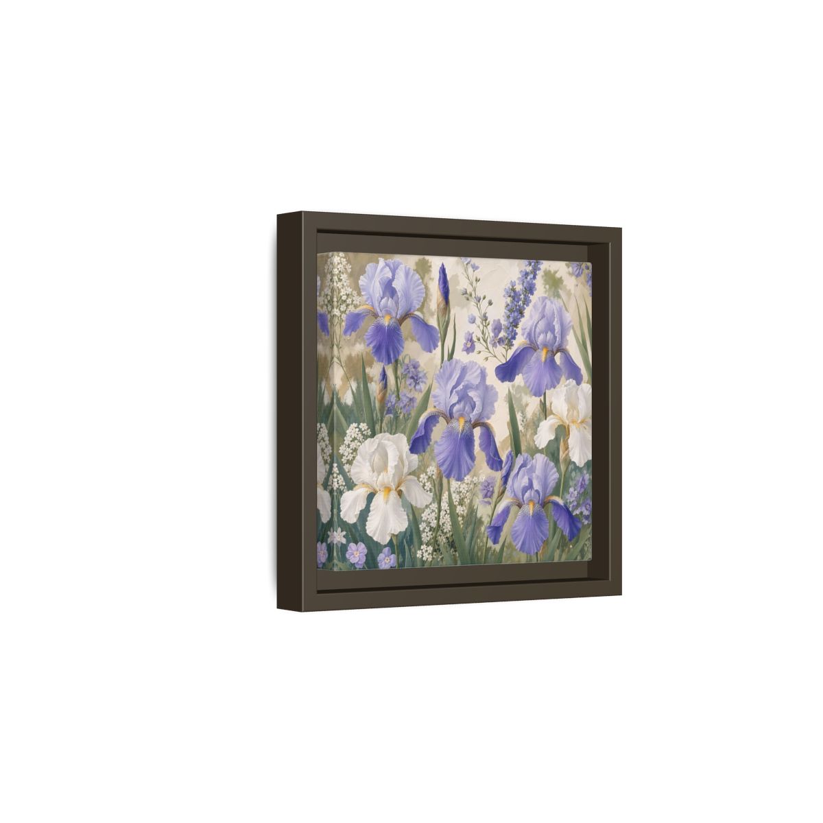 Side Mockup 2. Floral Iris Flowers Purple And White Iris shown as stretched canvas wall art