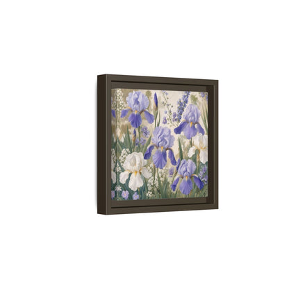 Side Mockup 2. Floral Iris Flowers Purple And White Iris shown as stretched canvas wall art