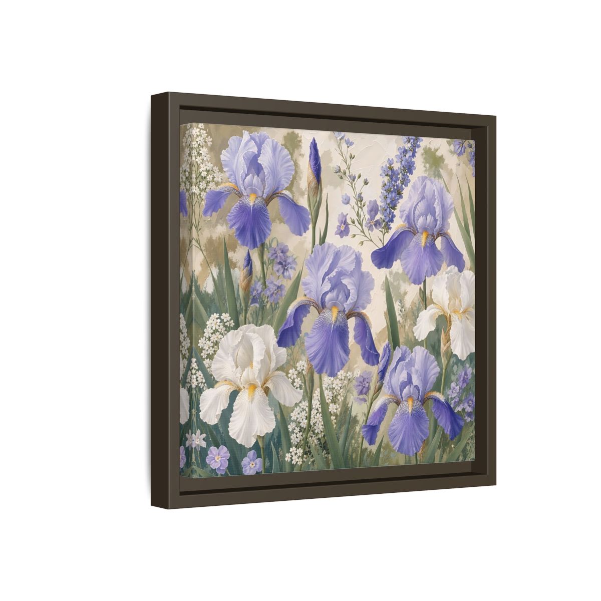 Side Mockup 17. Floral Iris Flowers Purple And White Iris shown as stretched canvas wall art