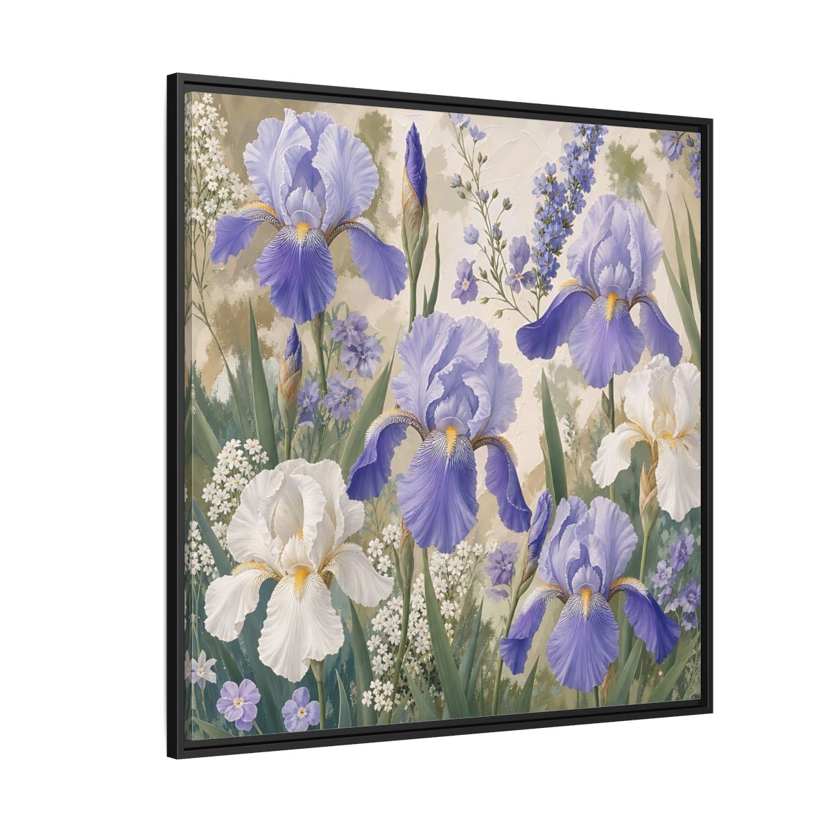 Side Mockup 6. Floral Iris Flowers Purple And White Iris shown as stretched canvas wall art