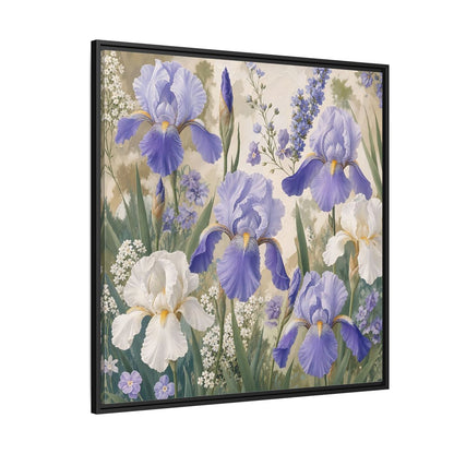 Side Mockup 6. Floral Iris Flowers Purple And White Iris shown as stretched canvas wall art