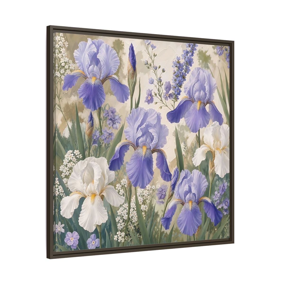 Main Mockup. Floral Iris Flowers Purple And White Iris shown as stretched canvas wall art