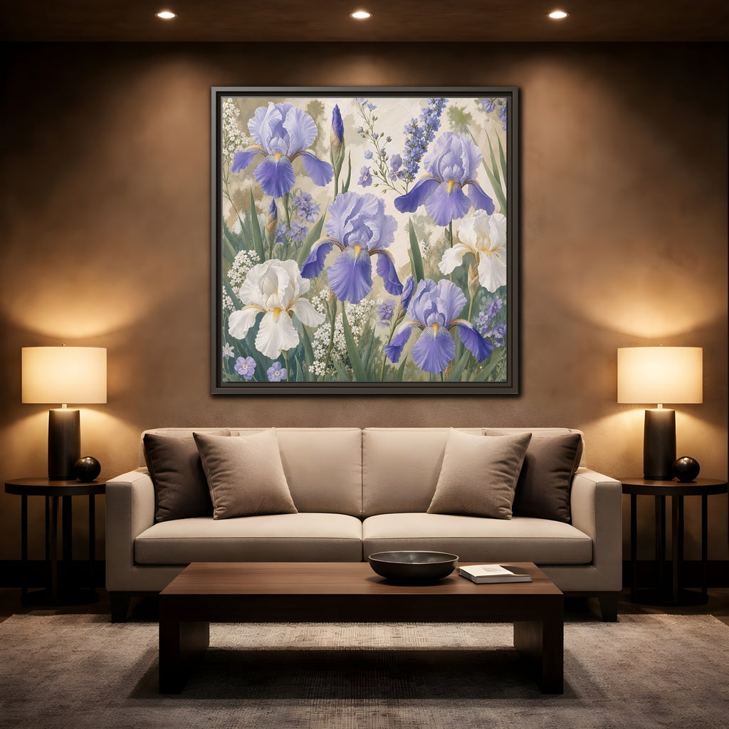 Mockup 2. Floral Iris Flowers Purple And White Iris shown as stretched canvas wall art