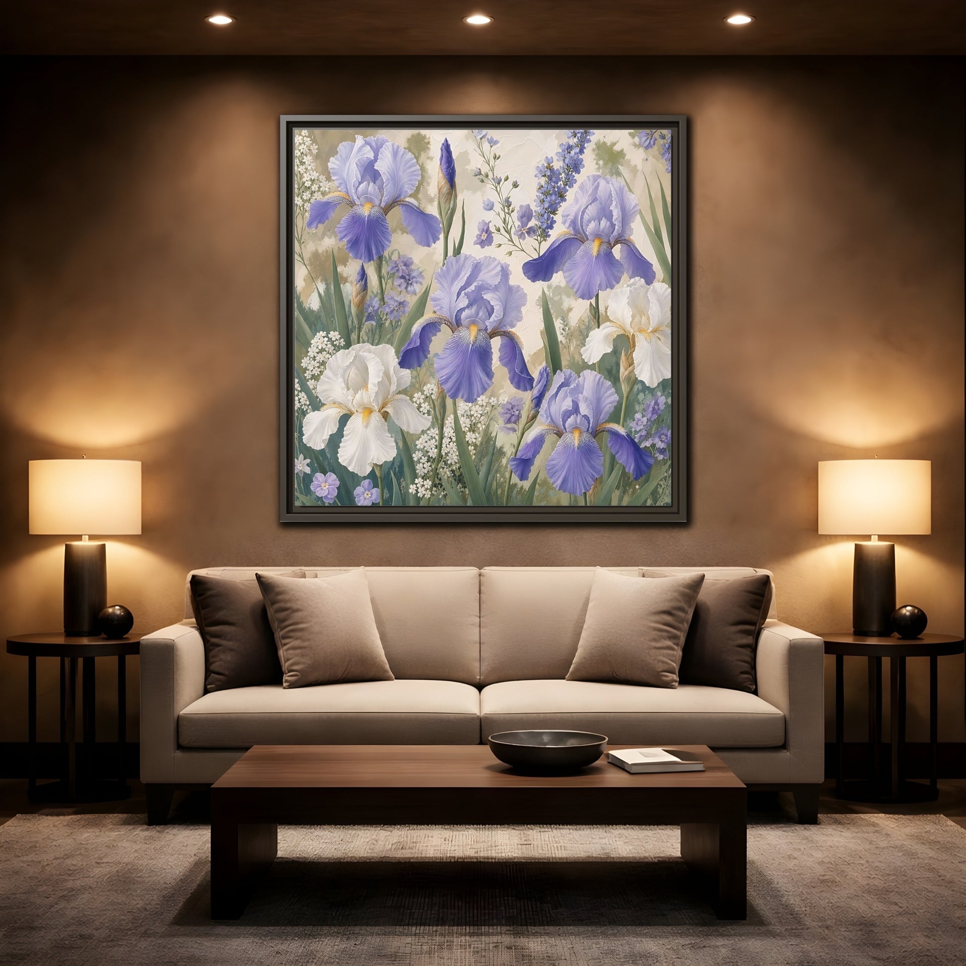 Mockup 2. Floral Iris Flowers Purple And White Iris shown as stretched canvas wall art