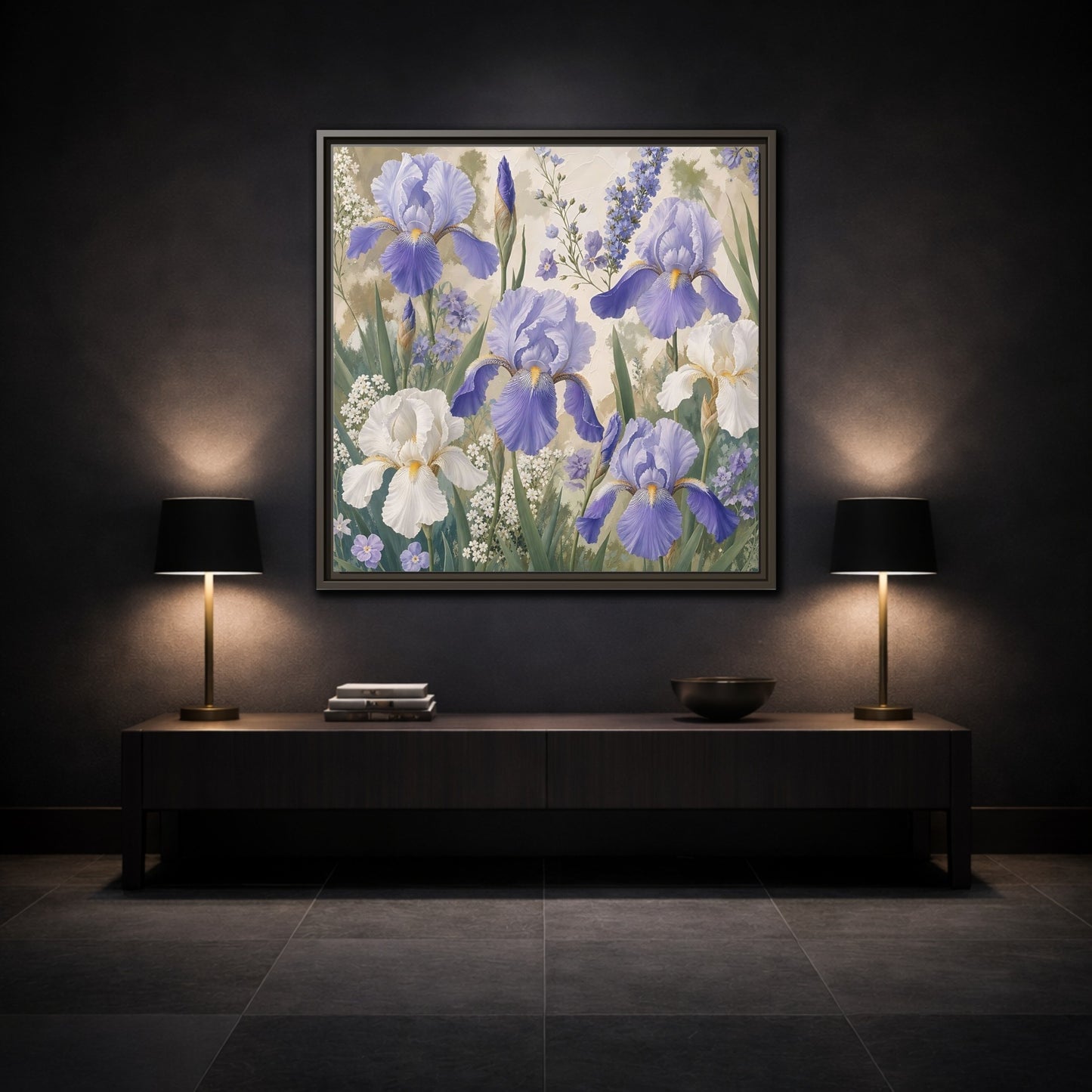 Mockup 3. Floral Iris Flowers Purple And White Iris shown as stretched canvas wall art