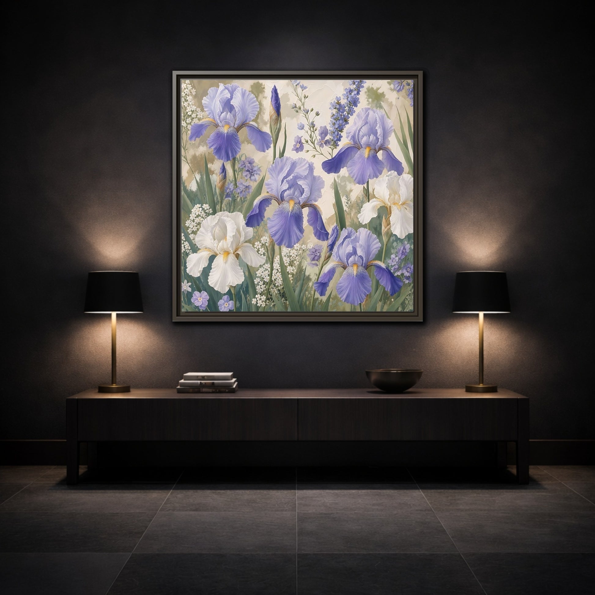 Mockup 3. Floral Iris Flowers Purple And White Iris shown as stretched canvas wall art