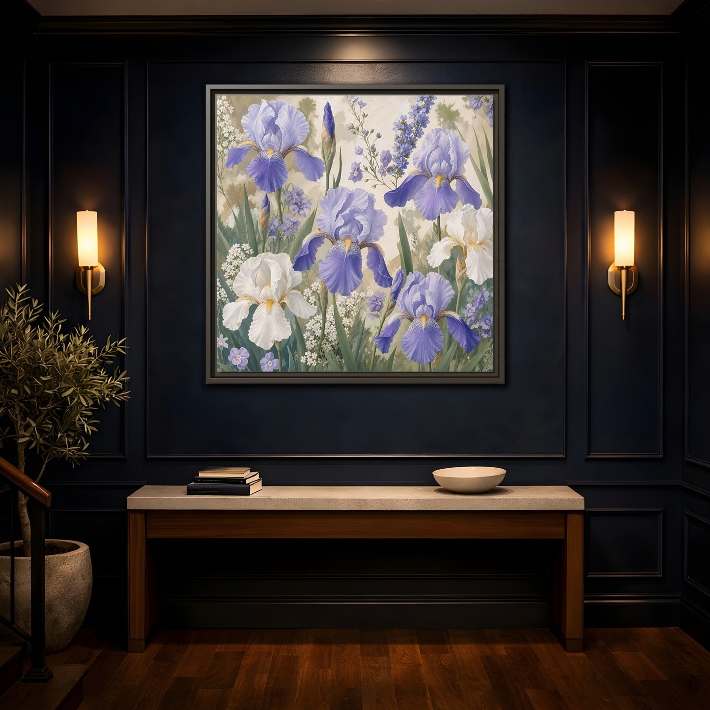 Mockup 4. Floral Iris Flowers Purple And White Iris shown as stretched canvas wall art