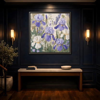 Mockup 4. Floral Iris Flowers Purple And White Iris shown as stretched canvas wall art
