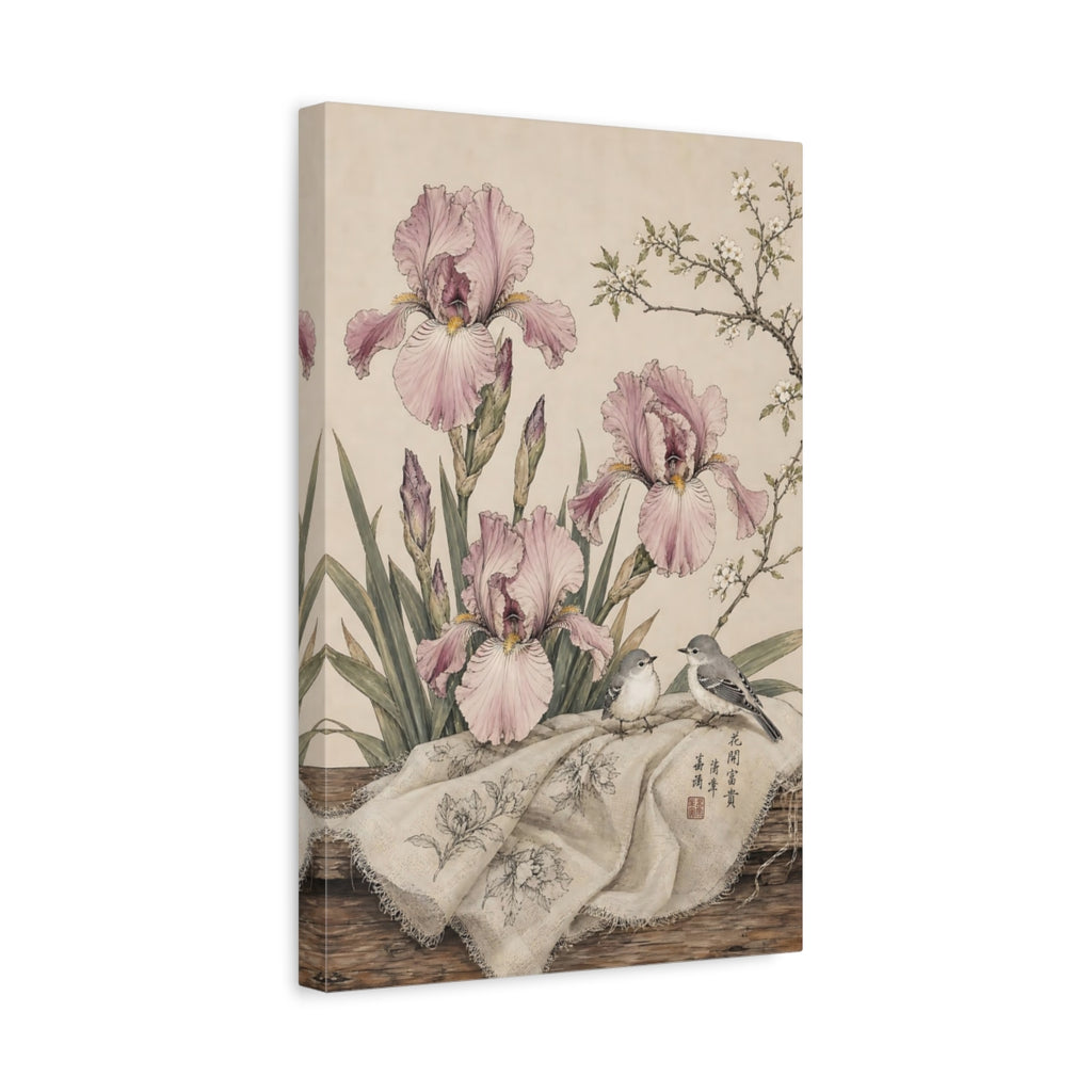 Side Mockup 4. Floral Irises, Birds Pink Irises Birds shown as stretched canvas wall art