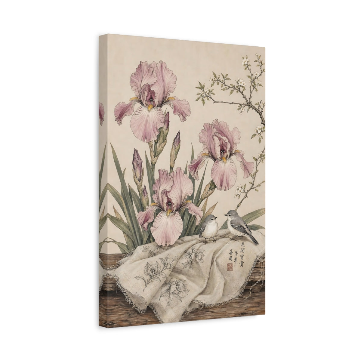 Side Mockup 4. Floral Irises, Birds Pink Irises Birds shown as stretched canvas wall art