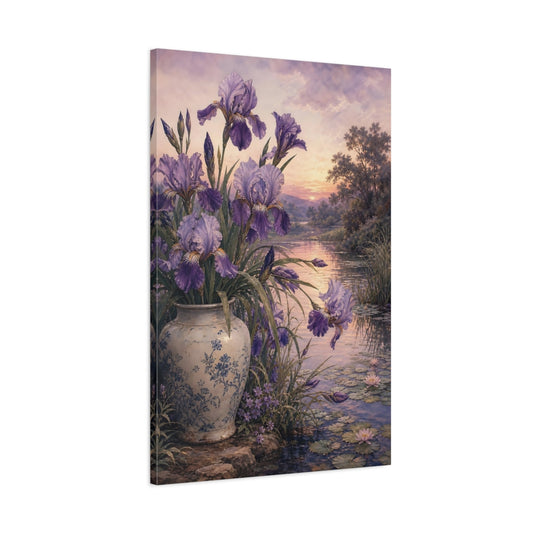 Main Mockup. Floral Irises Lavender Floral Lake shown as stretched canvas wall art