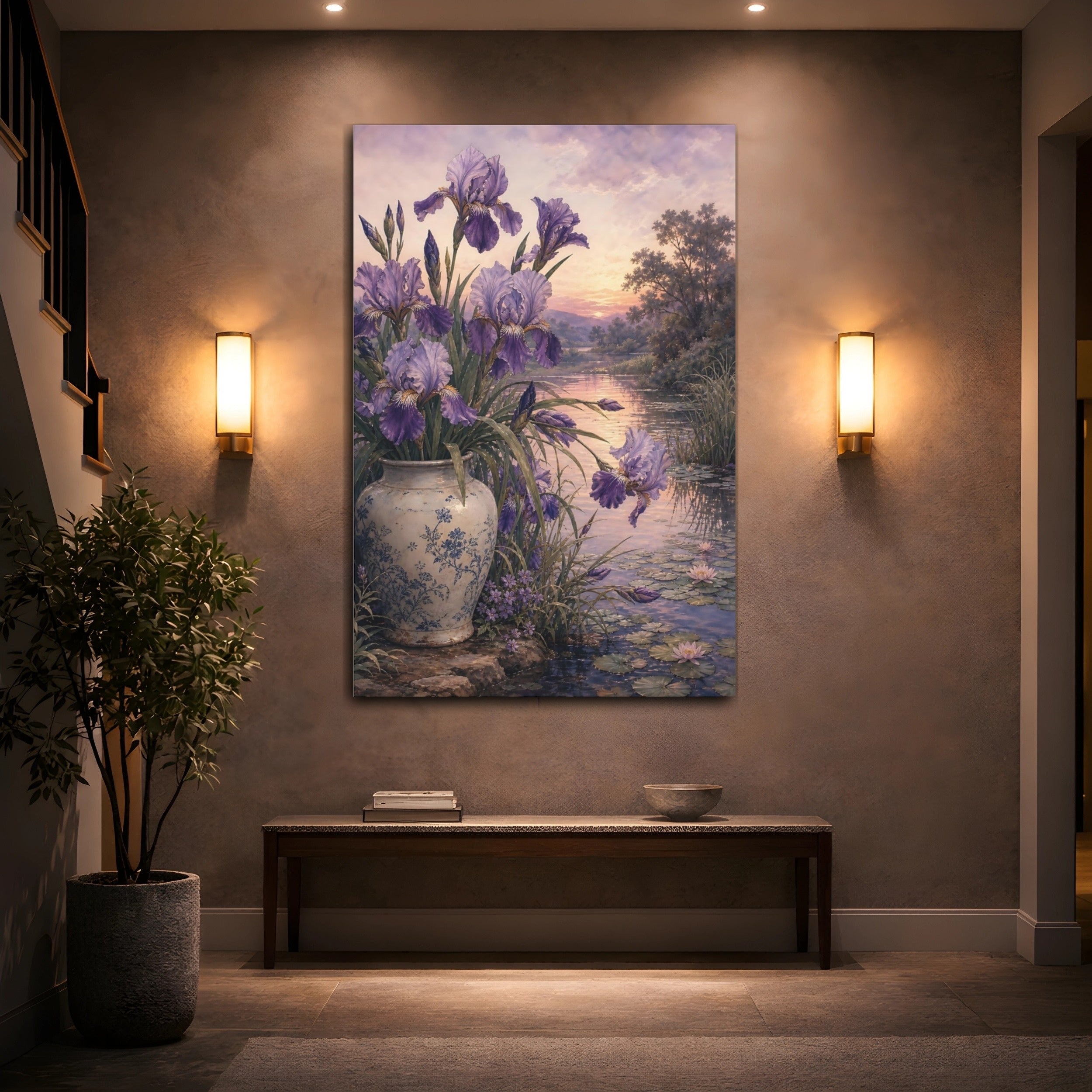 Mockup 2. Floral Irises Lavender Floral Lake shown as stretched canvas wall art