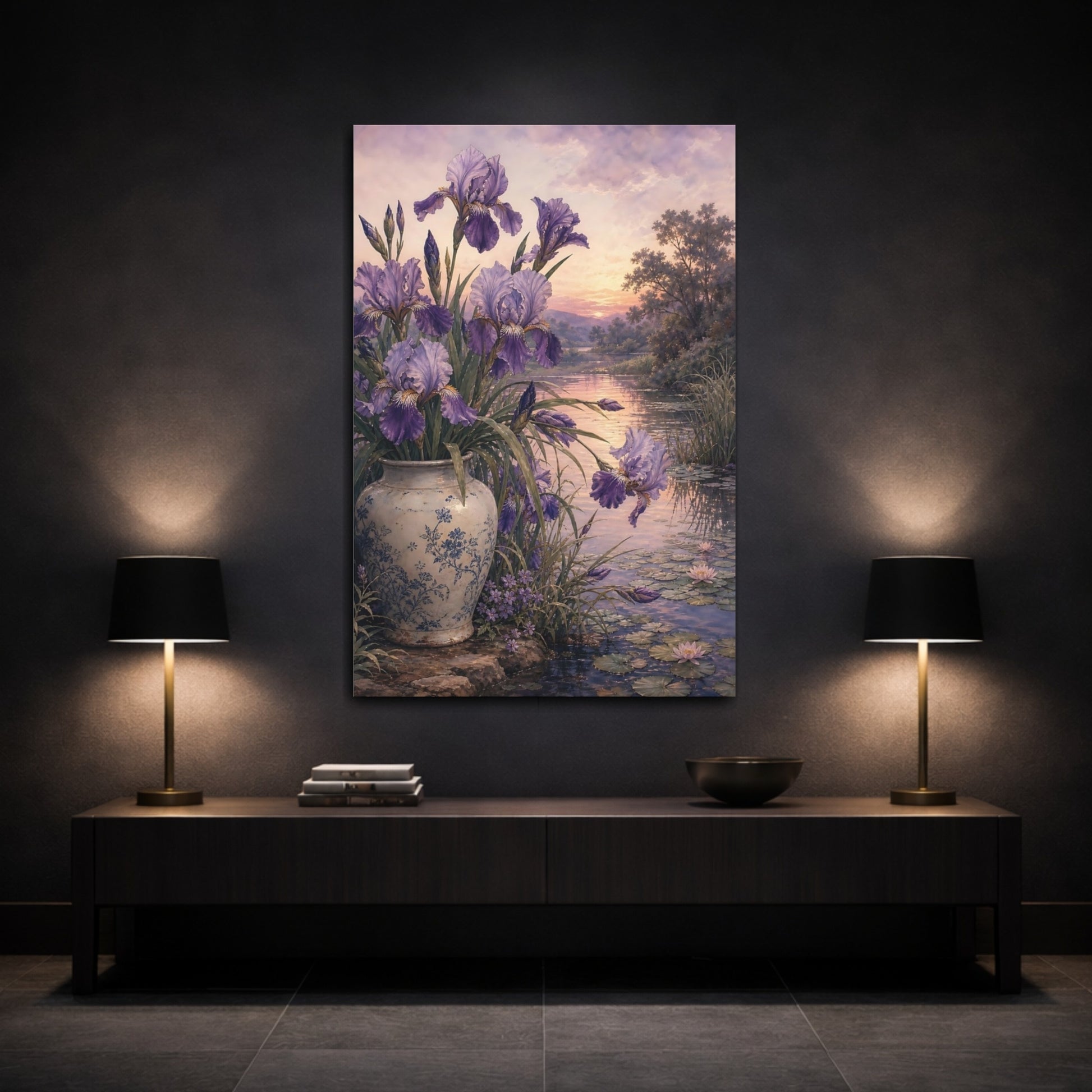 Mockup 3. Floral Irises Lavender Floral Lake shown as stretched canvas wall art