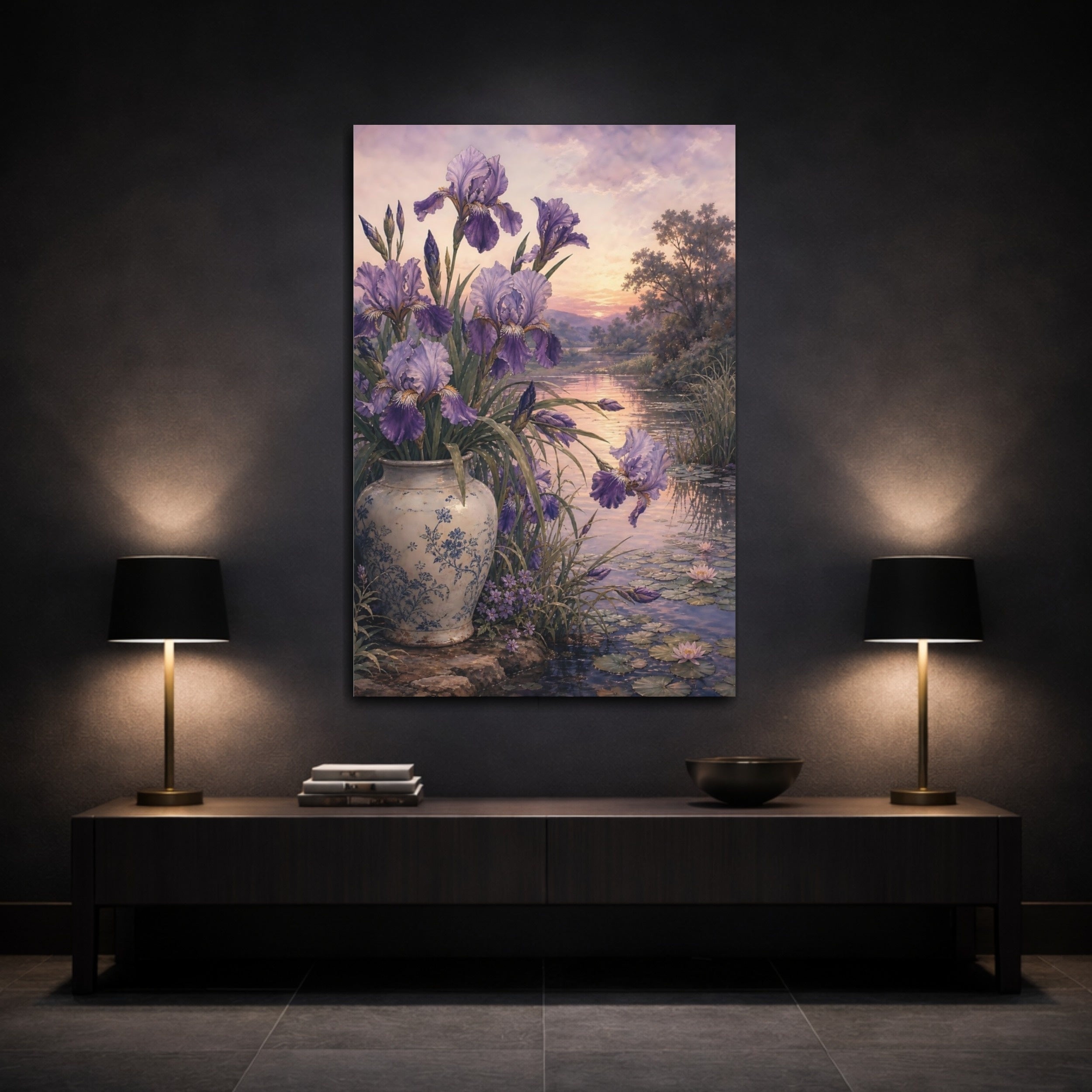 Mockup 3. Floral Irises Lavender Floral Lake shown as stretched canvas wall art