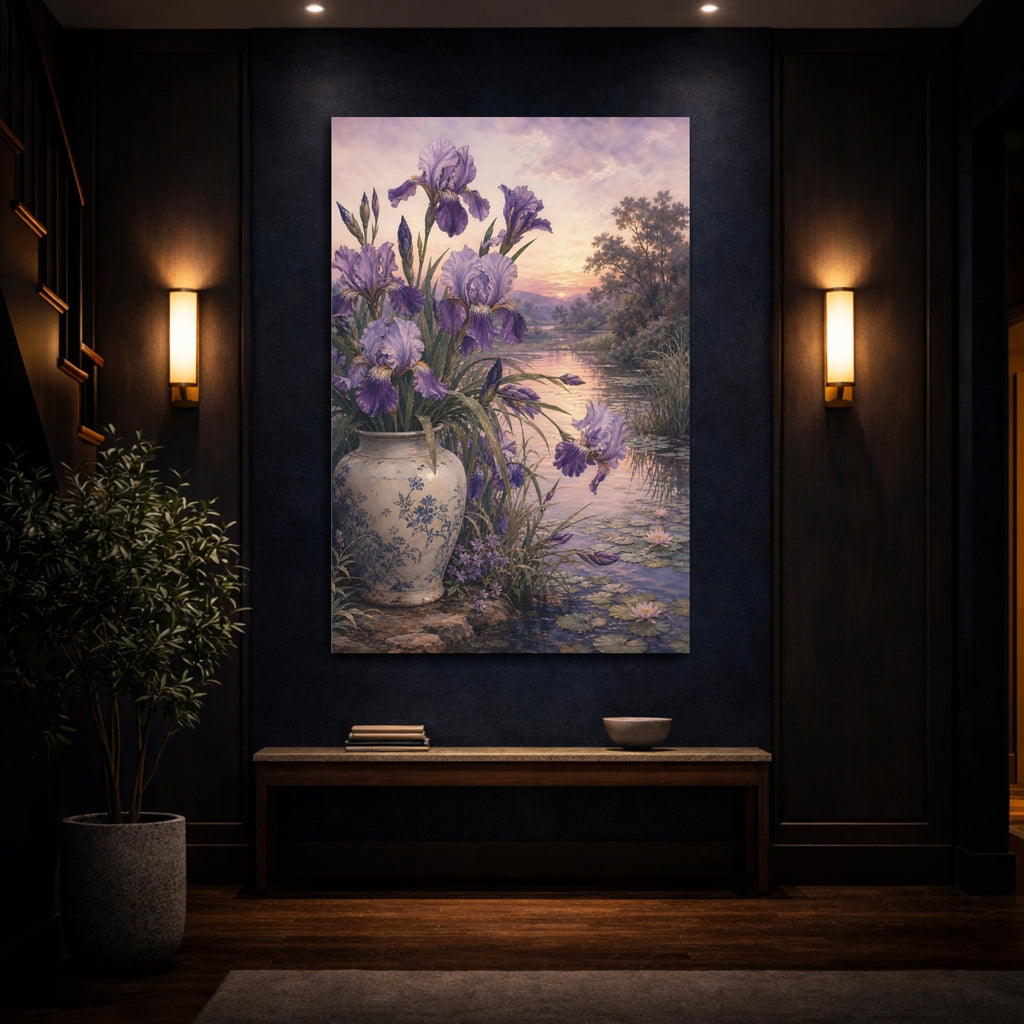 Mockup 4. Floral Irises Lavender Floral Lake shown as stretched canvas wall art