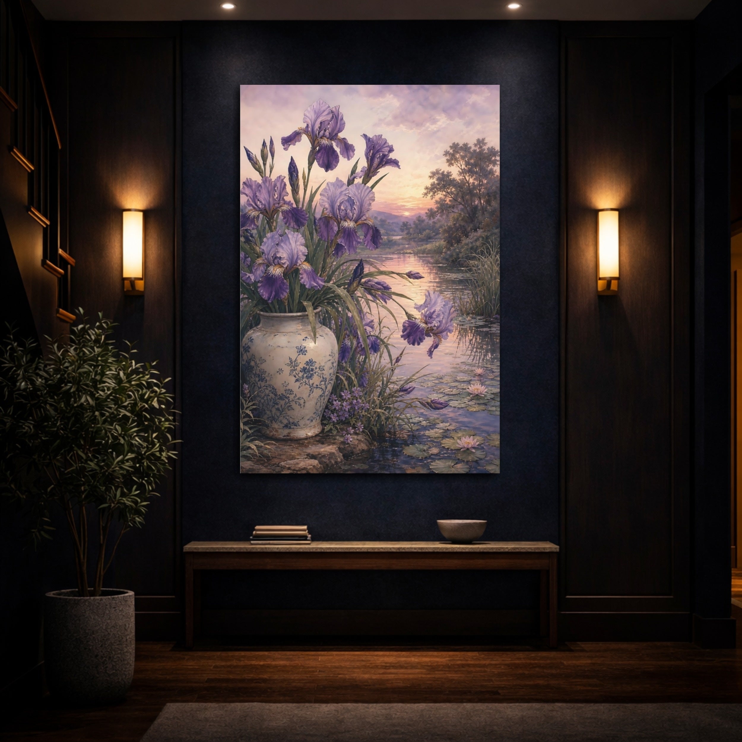 Mockup 4. Floral Irises Lavender Floral Lake shown as stretched canvas wall art