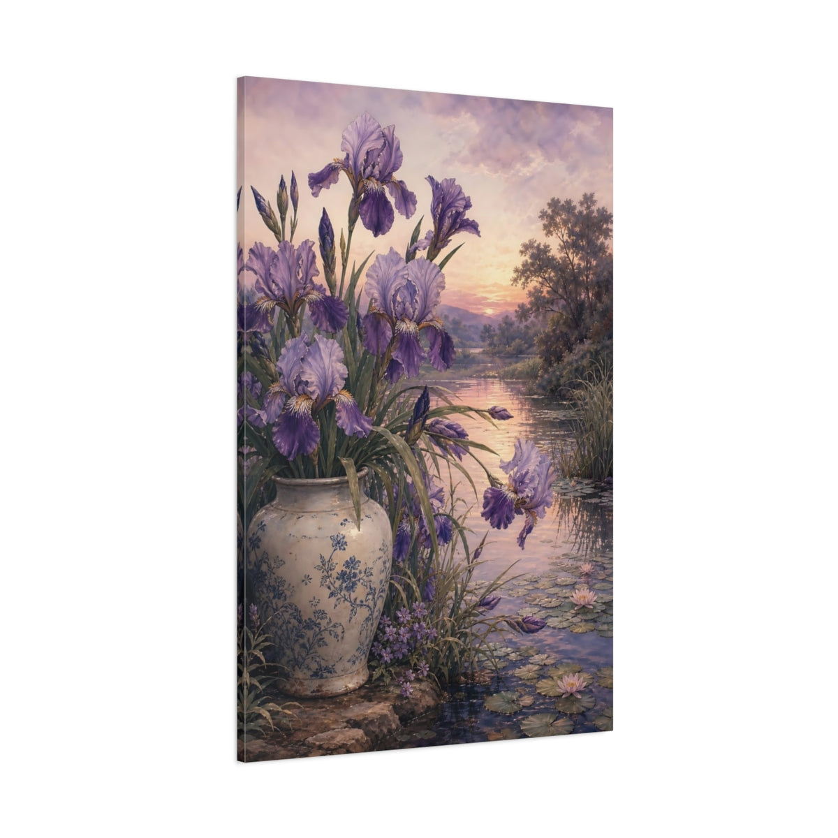 Side Mockup 1. Floral Irises Lavender Floral Lake shown as stretched canvas wall art