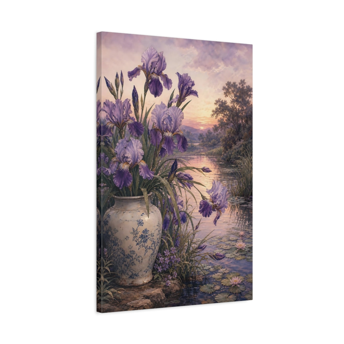 Side Mockup 2. Floral Irises Lavender Floral Lake shown as stretched canvas wall art
