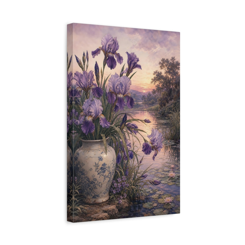 Side Mockup 4. Floral Irises Lavender Floral Lake shown as stretched canvas wall art