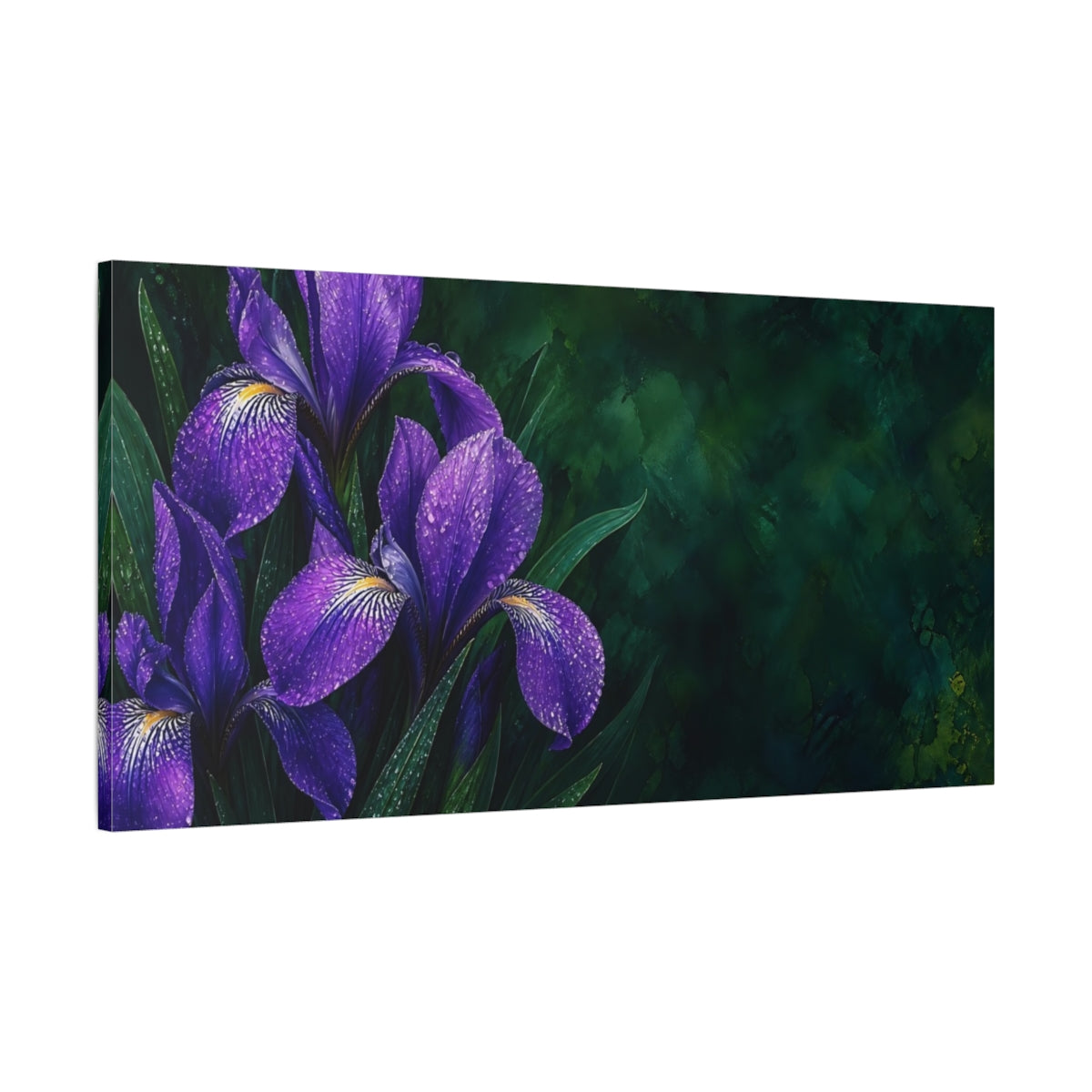 Main Mockup. Floral Irises Purple And Green shown as stretched canvas wall art