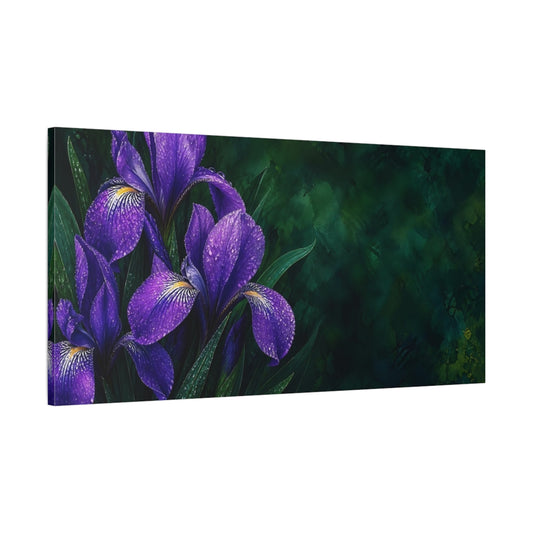Main Mockup. Floral Irises Purple And Green shown as stretched canvas wall art