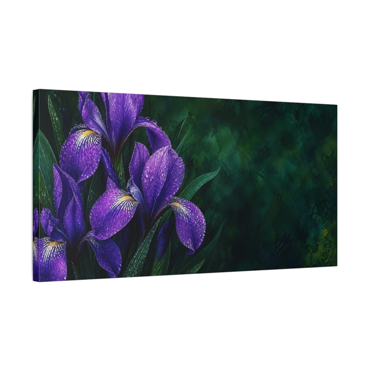 Side Mockup 1. Floral Irises Purple And Green shown as stretched canvas wall art