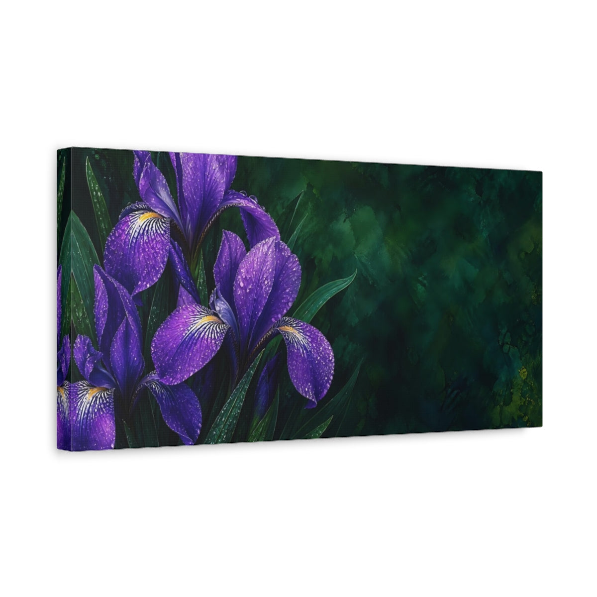 Side Mockup 3. Floral Irises Purple And Green shown as stretched canvas wall art