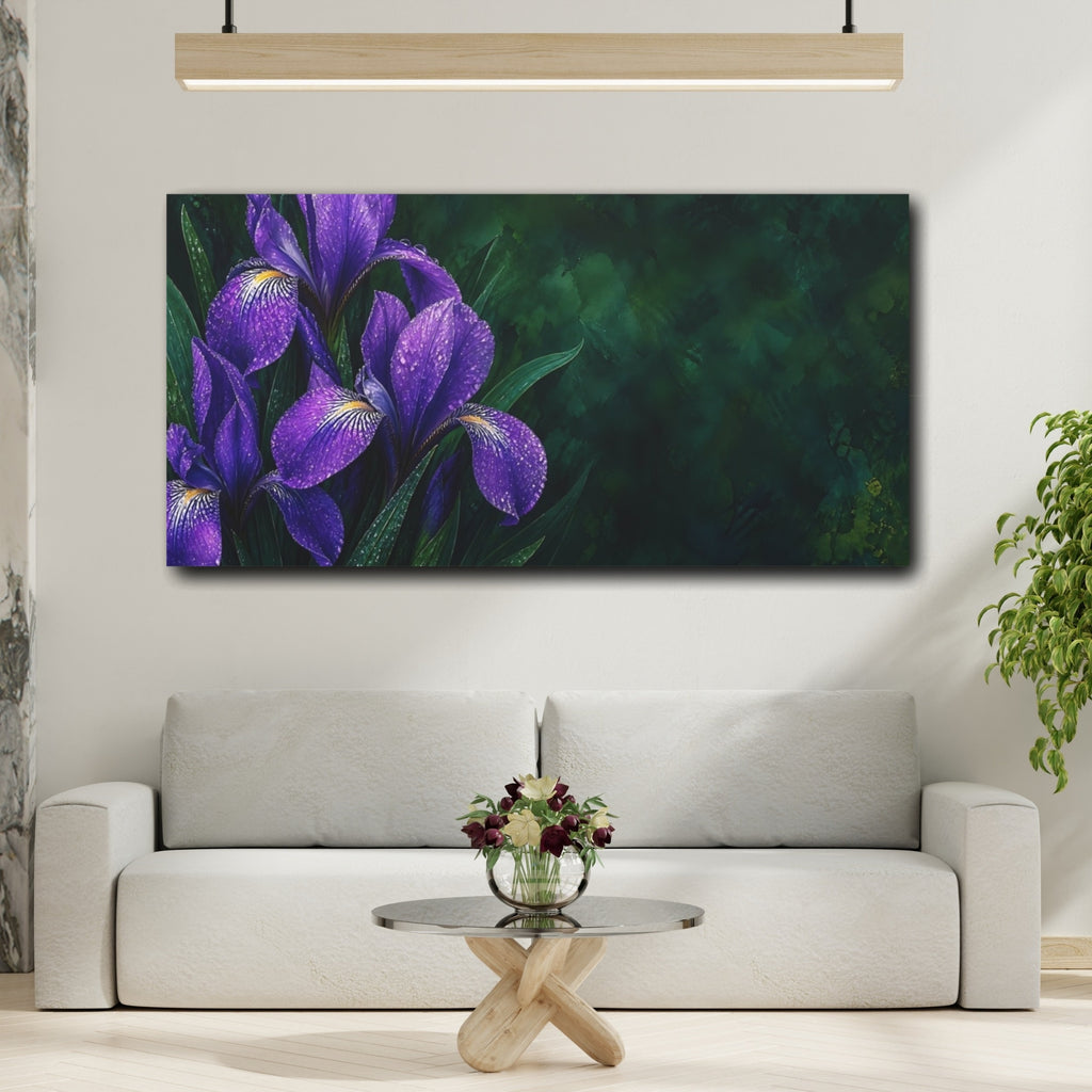Mockup 2. Floral Irises Purple And Green shown as stretched canvas wall art