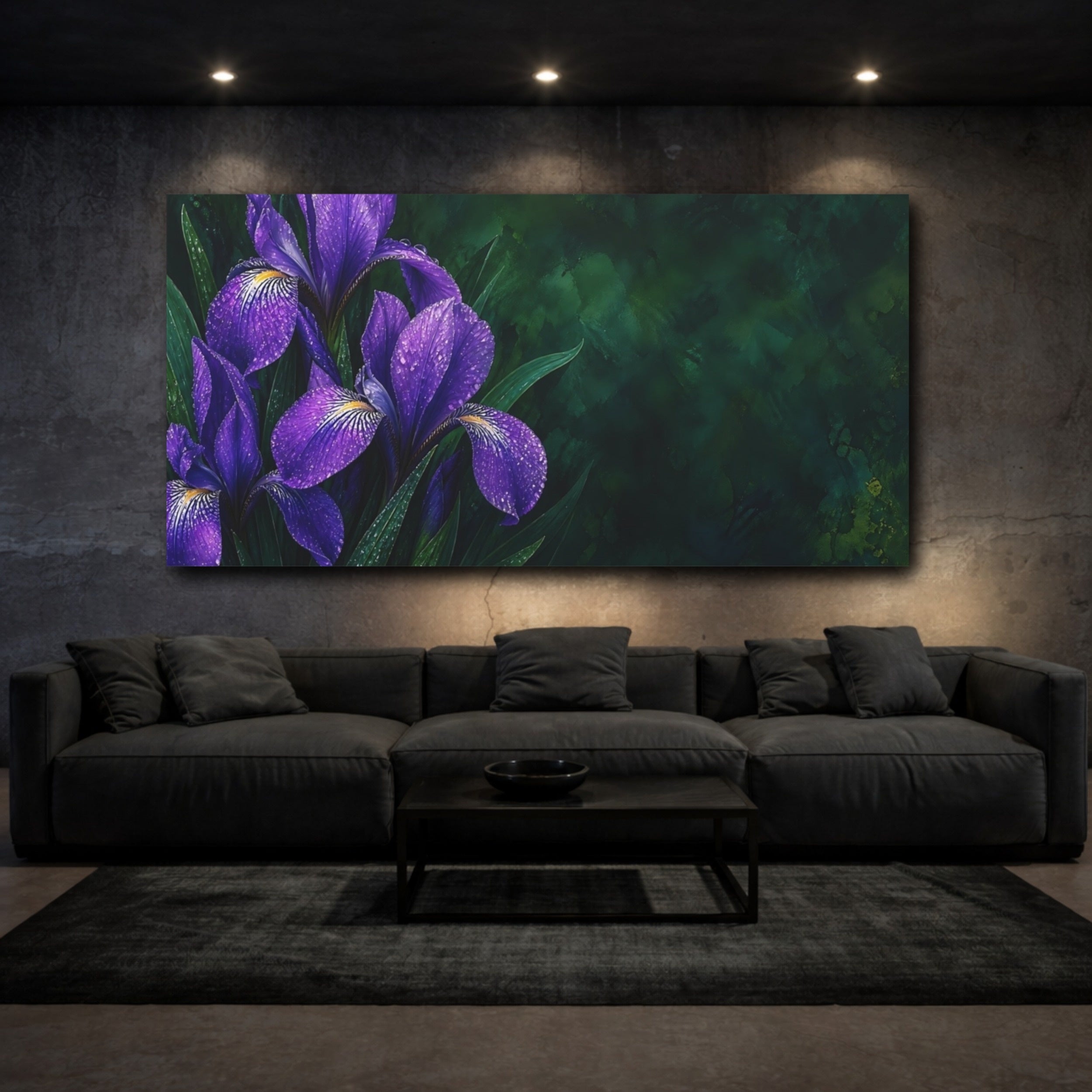 Mockup 3. Floral Irises Purple And Green shown as stretched canvas wall art
