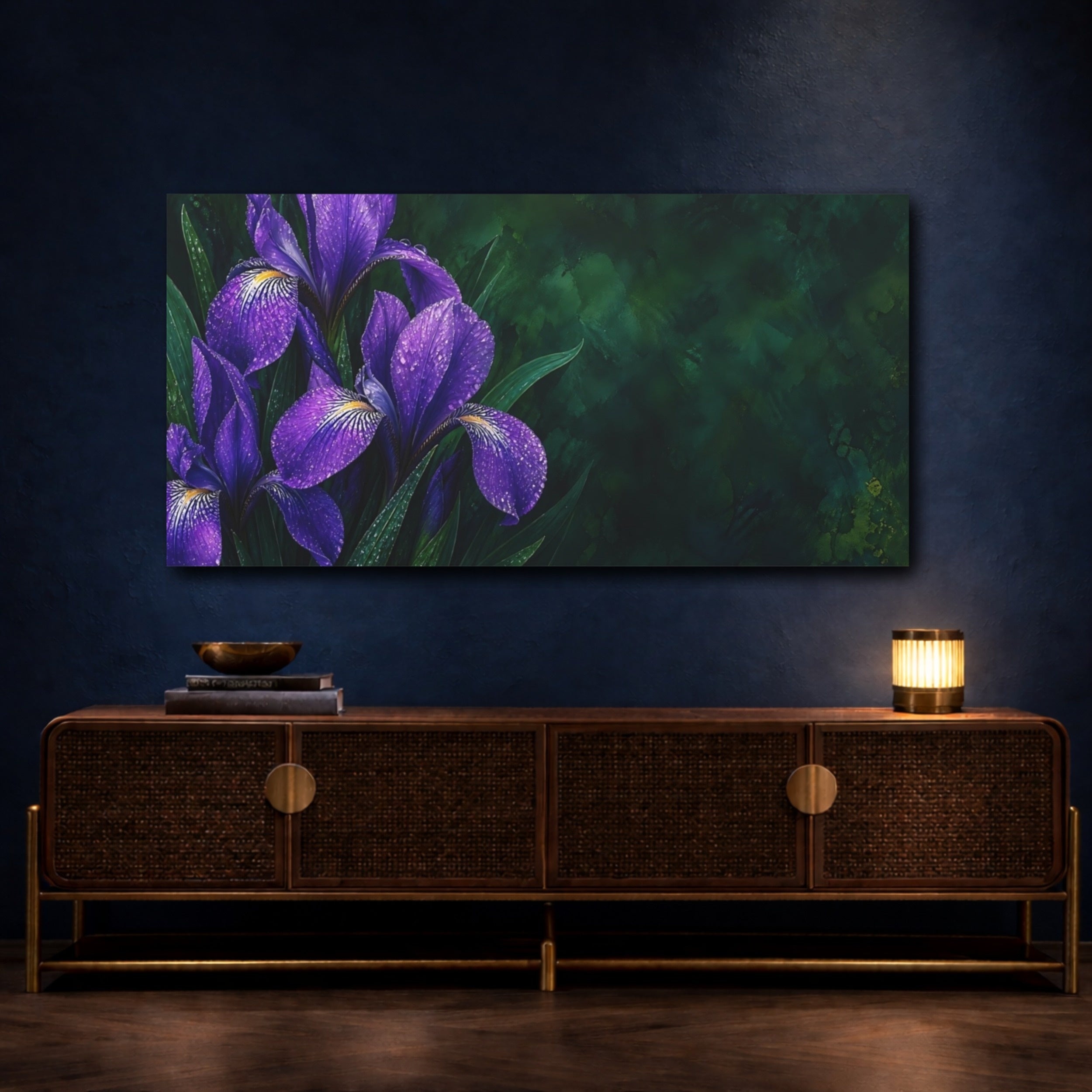 Mockup 4. Floral Irises Purple And Green shown as stretched canvas wall art