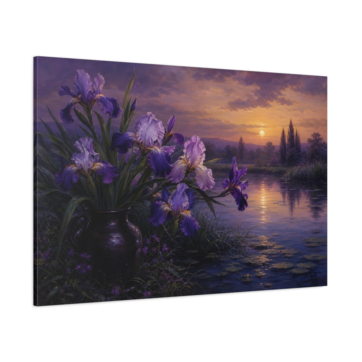 Side Mockup 1. Floral Irises Purple Irises shown as stretched canvas wall art