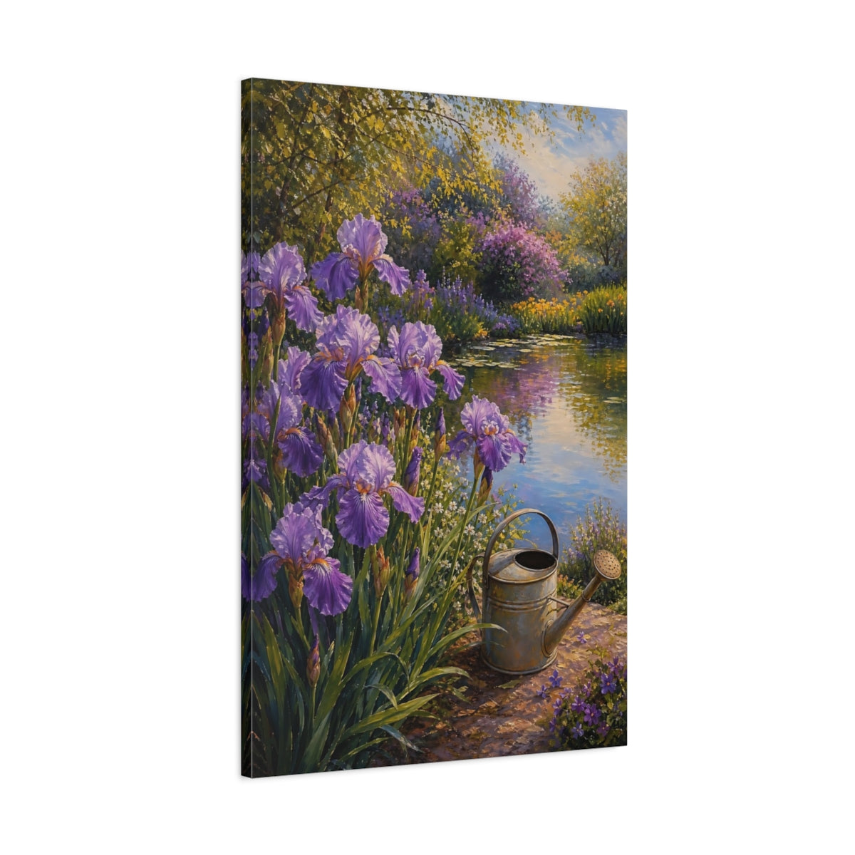 Main Mockup. Floral Irises Purple Garden Pond shown as stretched canvas wall art