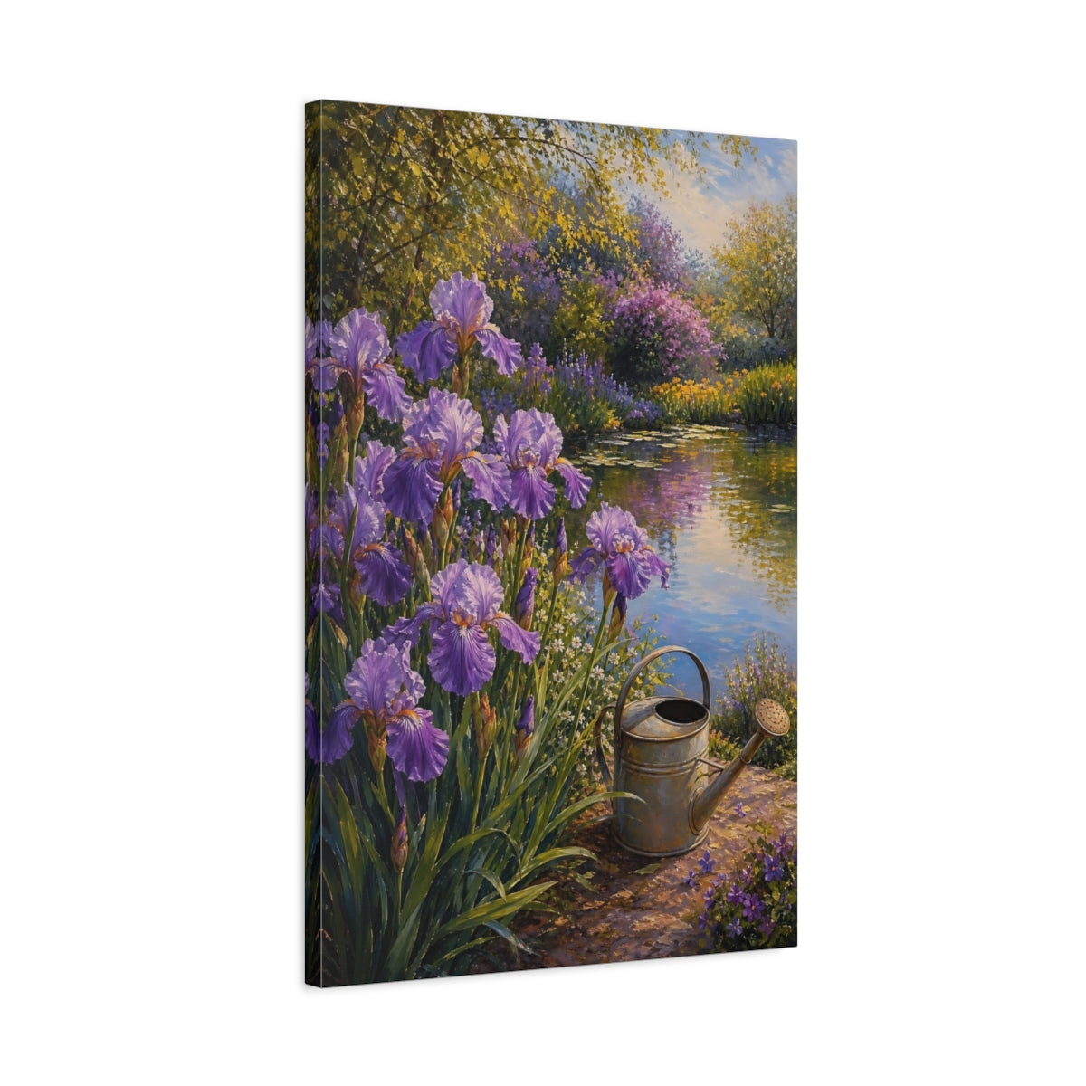 Side Mockup 2. Floral Irises Purple Garden Pond shown as stretched canvas wall art
