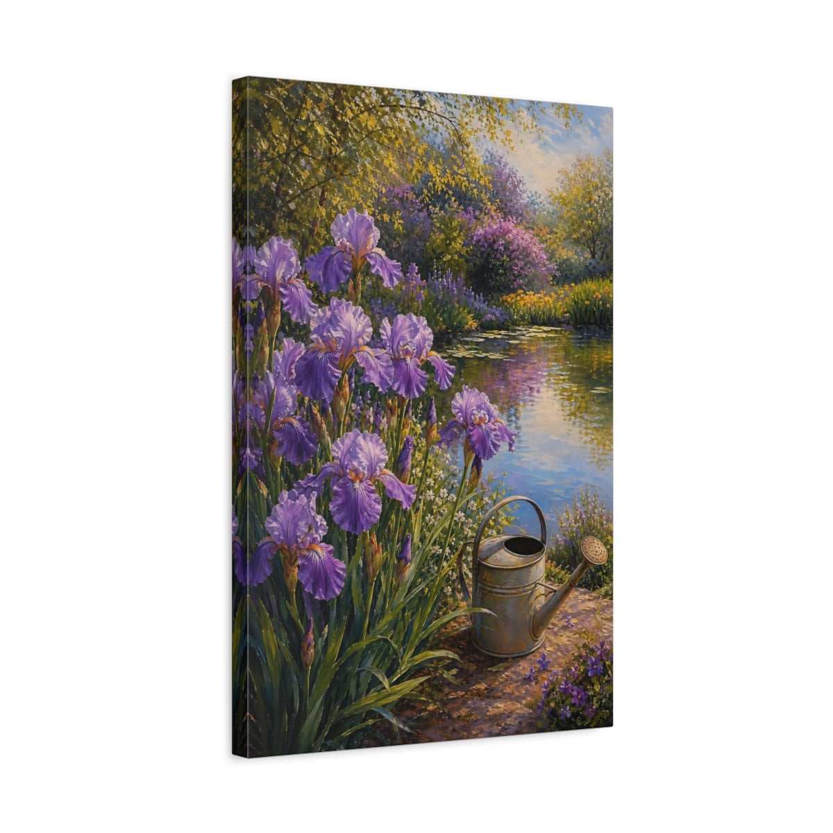Side Mockup 3. Floral Irises Purple Garden Pond shown as stretched canvas wall art