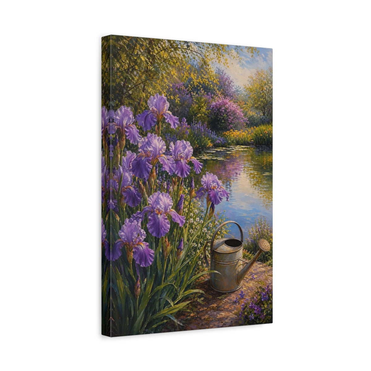 Side Mockup 4. Floral Irises Purple Garden Pond shown as stretched canvas wall art