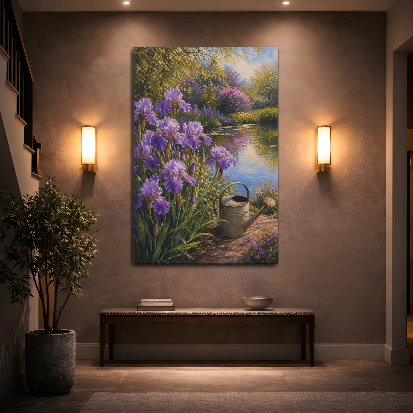Mockup 2. Floral Irises Purple Garden Pond shown as stretched canvas wall art